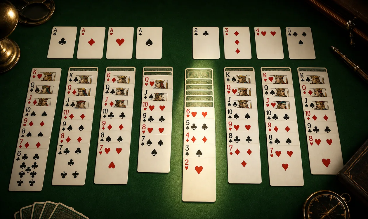 Yukon Solitaire advanced tips with complex card arrangements across the tableau