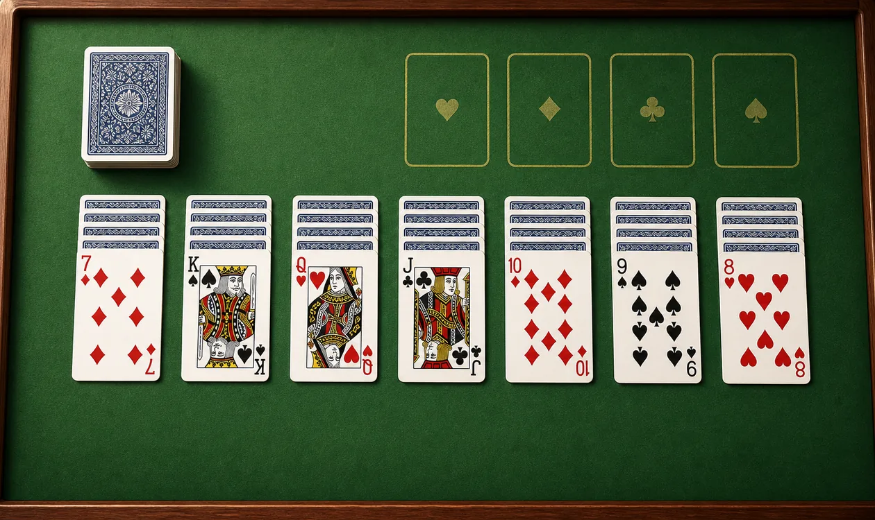 Yukon Solitaire rules tableau setup with seven columns of cards