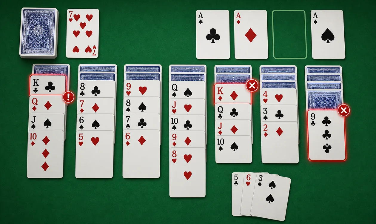 Yukon Solitaire mistakes showing common errors that block foundation progress