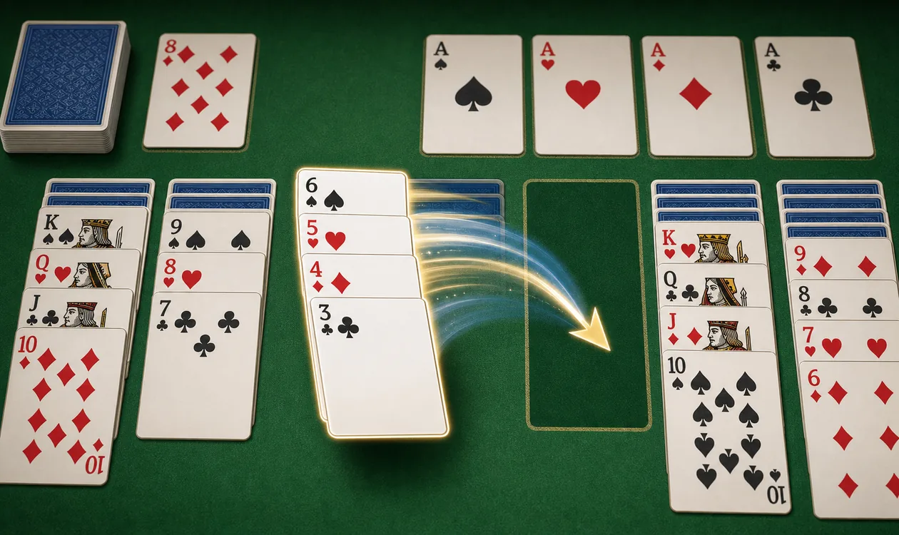 Yukon Solitaire card moves example with grouped cards transferring between columns