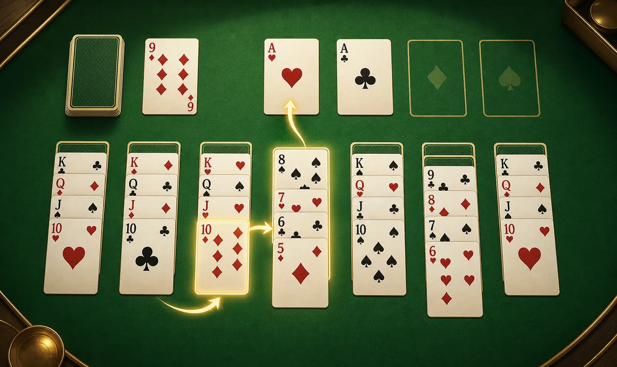 Yukon Solitaire strategy layout with planned card sequences across the tableau